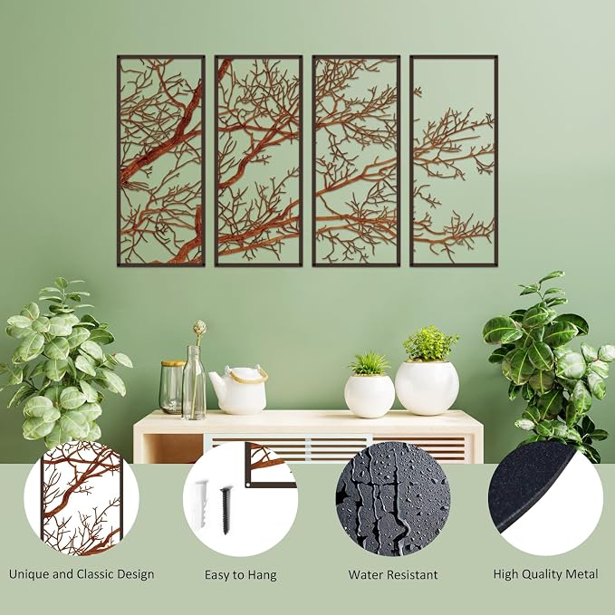 ESTART 4 Pieces Tree of Life Metal Wall Decor, Colorful Tree Branch Metal Wall Art, Tree Sign Wall Hangings for Home Garden Office Living Room Indoor Outdoor (Colorful, Large)
