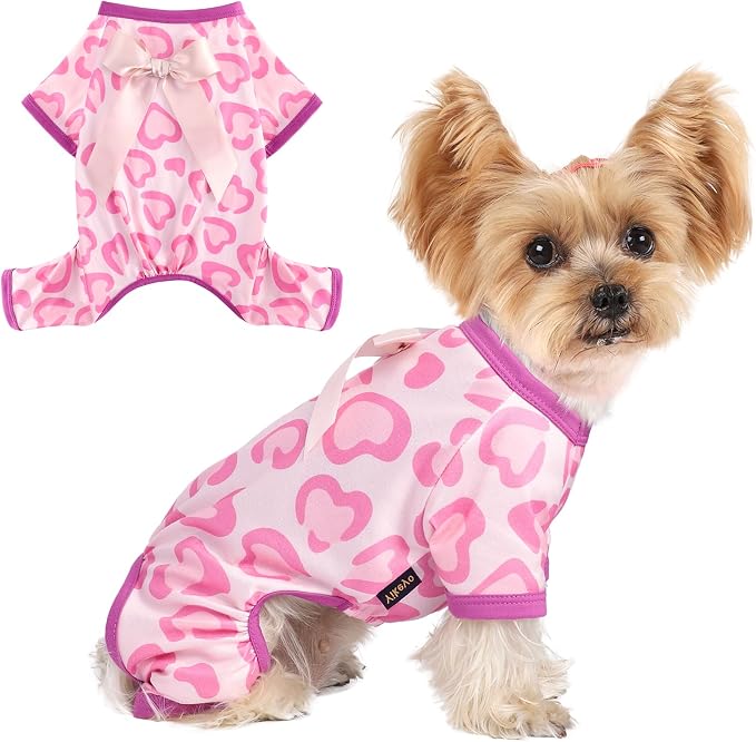 DaFuEn Dog Pajamas for Small Dogs - Soft Stretchy 4-Legged Puppy Onesie & Jumpsuit - Breathable Dog PJs Sleepwear Clothes for Yorkie, Chihuahua, Toy Poodle, Boy & Girl (Pink Heart,S)