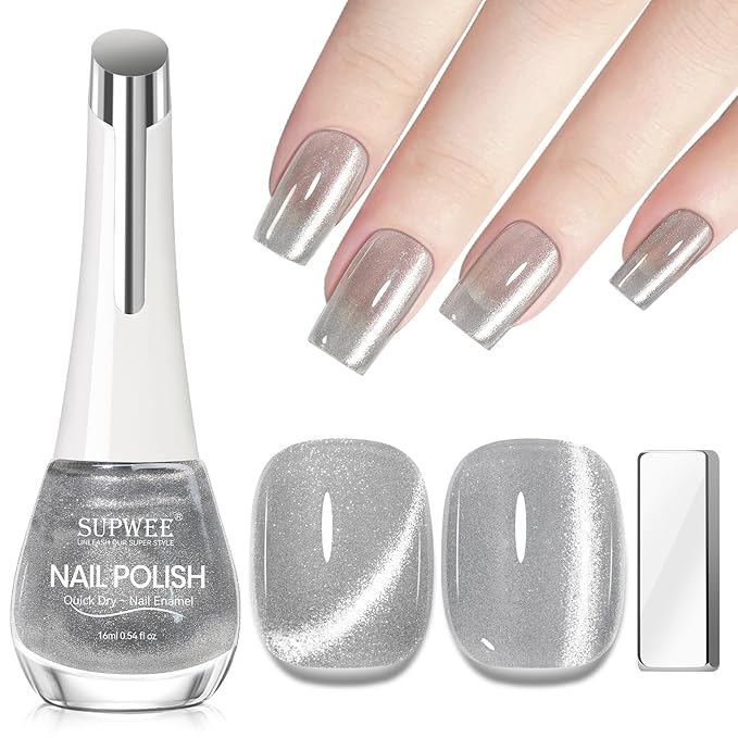 Silver Cat Eye Nail Polish Non Gel Quick Dry Glitter Magntic Nail Polish Cats Eye Toe Fingernail Air Drying Fast Lacquer Manicure Gift For Women Girls 16ml, 0.54fl oz