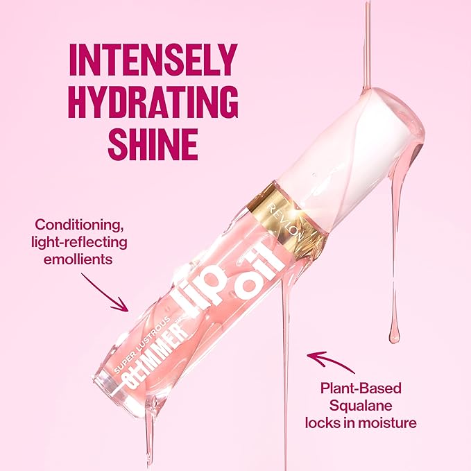 REVLON Super Lustrous Glimmer Lip Oil, Moisturizing & Tinted, Shiny Finish, Made with Plant-Based Squalane, 007 Posh Peach, 0.13 fl oz