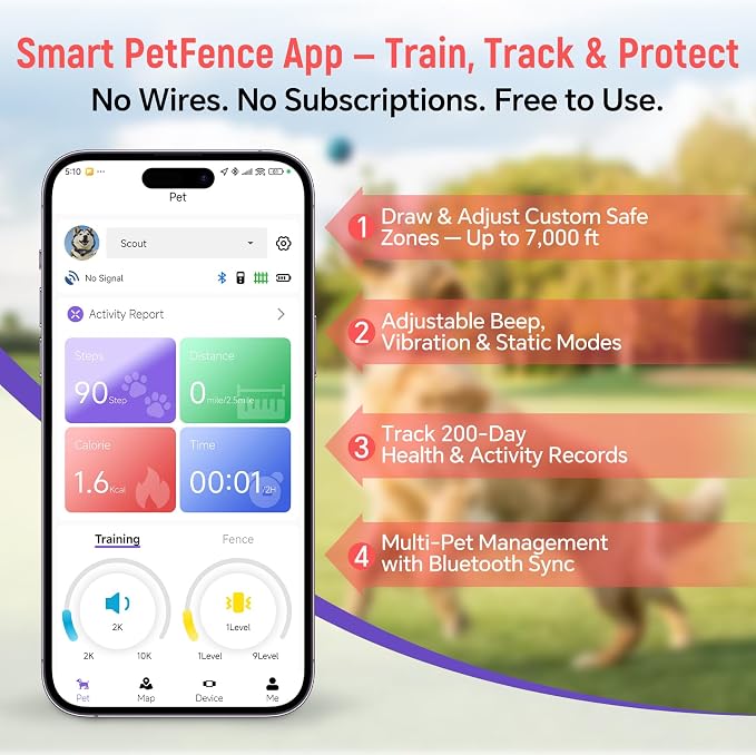 GPS Wireless Dog Fence & Remote Training Collar, Free APP Control, No Subscription Fee, Adjustable GPS Boundary, Pink, Dogs 10-120 lbs