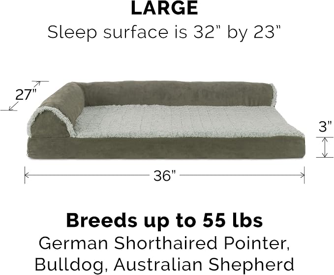Furhaven Memory Foam Dog Bed for Large/Medium Dogs w/ Removable Bolsters & Washable Cover, For Dogs Up to 55 lbs - Two-Tone Plush Faux Fur & Suede L Shaped Chaise - Dark Sage, Large