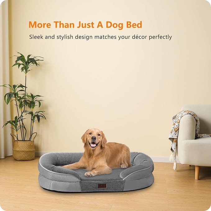 Dwanton Orthopedic Waterproof Large Dog Bed Sofa, Gel Memory Foam, 42" | Egg-Crate Foam Dog Sofa, Washable Pet Bed with Four Sided Bolster Cushion, Removable Cover & Non-Slip Bottom, Medium Grey