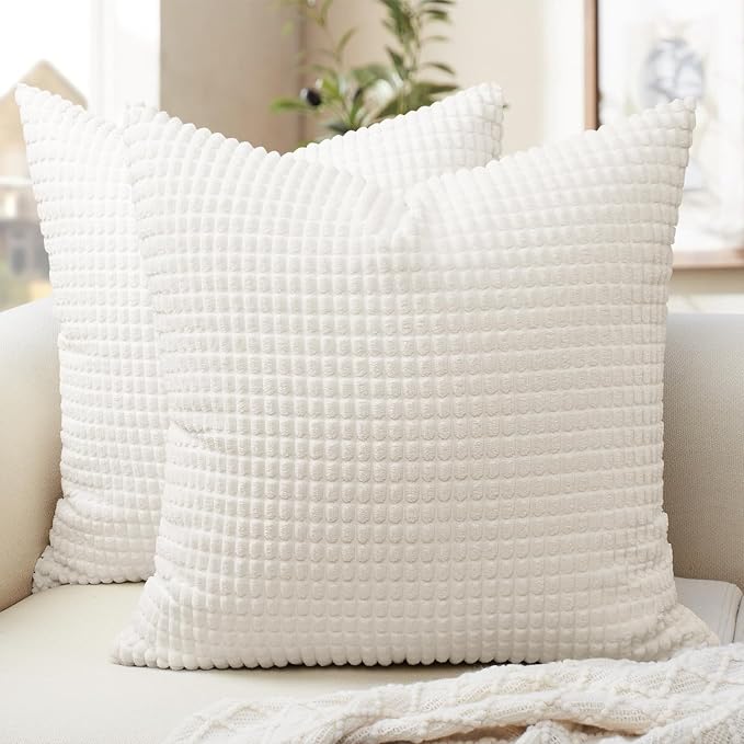 Softalker Corduroy Decorative Throw Pillow Covers 18x18, Set of 2, Cream | Soft Boho Striped Pillow Cases, Couch Fluffy Cushion Covers for Farmhouse Home Decor Bed Living Room