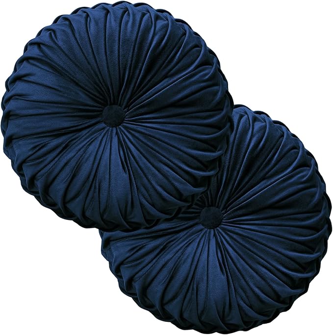 Teieas 2 Pcs Round Throw Pillows Decorative Velvet Pleated Navy Blue | Boho bed pillows,back support for couch,chair,dorm,car,sofa,home decor 14.96''