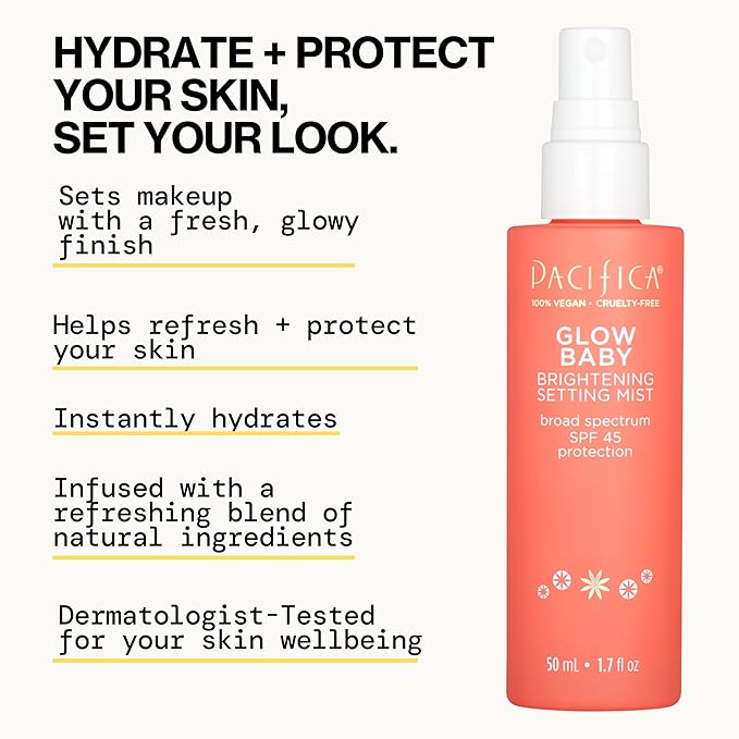 Pacifica Setting Spray Glow Baby Brightening Mist, Broad Spectrum SPF 45, UVA/UVB Protection, Blue Light Protection, Facial Mist, Suncare, Skin Care, Vegan, 1.7 fl oz (1 Count)