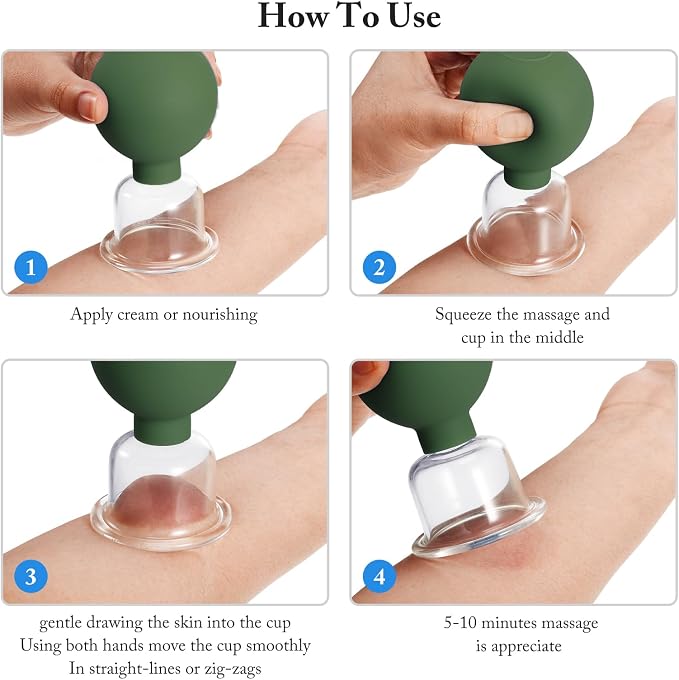 BBTO 4 Pcs Glass Facial Cupping Set Silicone Vacuum Suction Massage Cups Skin Tightening Therapy for Face Body Eyes Back Shoulder Pain(Military Green)