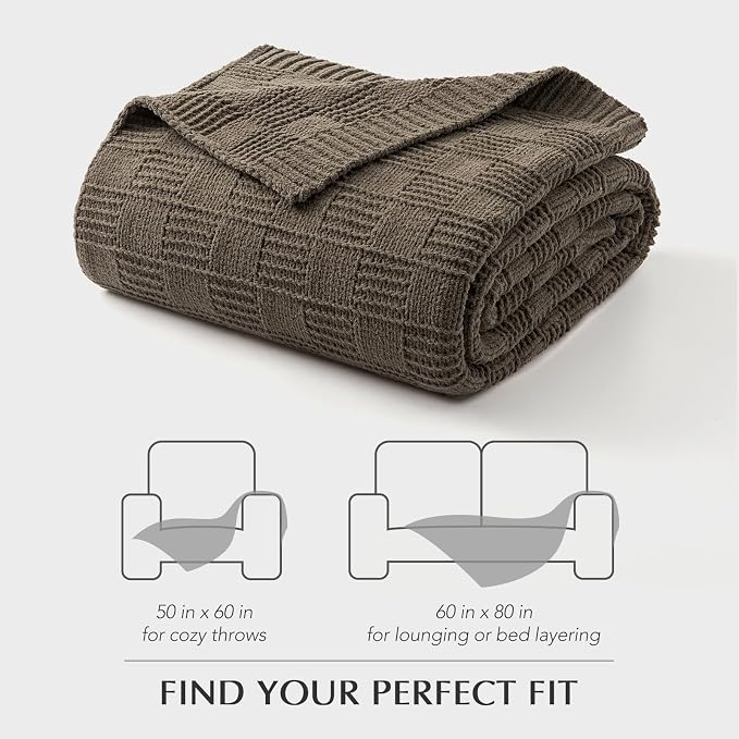 EVERGRACEHOME Modern Checkered Chenille Throw Blanket, 50x60, Mocha Brown | Lightweight Warmth, All-Season Breathability, OEKO-TEX certified, Timeless Grid Pattern, Farmhouse Throw for Couch, Bed, Sofa