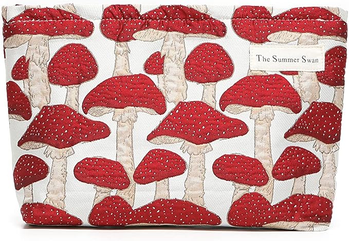 Summer Swan Mid-day Clutch - Floral Makeup Bag | Period Kit & Hygiene Bag - Cute Mushroom Red