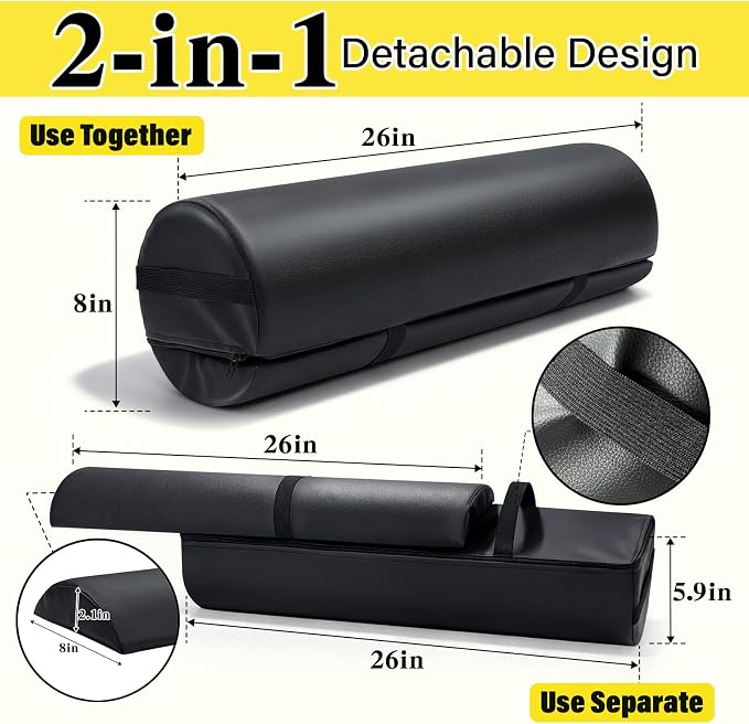 Massage Table Bolster Pillow with Strap Handle, 26 x 8 x 8 In Adjustable Bolster Pillow PU Leather, 1/4 & 3/4 Round Bolster Use Separately or Combine for Leg Neck Knee Support & Pain Relief, Black
