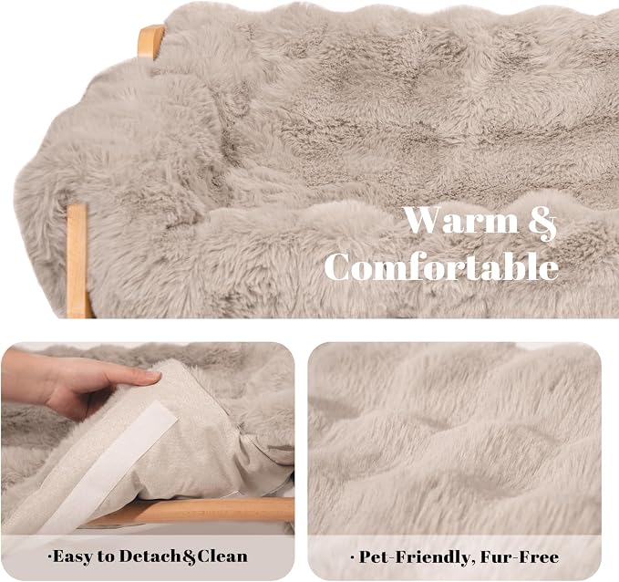 Elevated Cat Couch Bed Wooden Raised Kitty Sofa Lounge Chair | Washable Fluffy Cover Wooden Elevated Pet Furniture for Indoor Cats and Puppy(Gray)