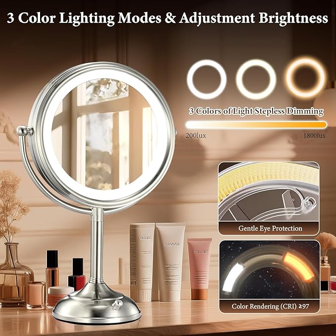 VESAUR 9" Upgraded Lighted Makeup Mirror, 5000mAh Rechargeable 1X/10X/20X HD Magnifying Mirror with 3 Lights Colors, Brightness Adjustable, 360° Rotation Seamless Vanity Mirror, Nickel, Gift Box