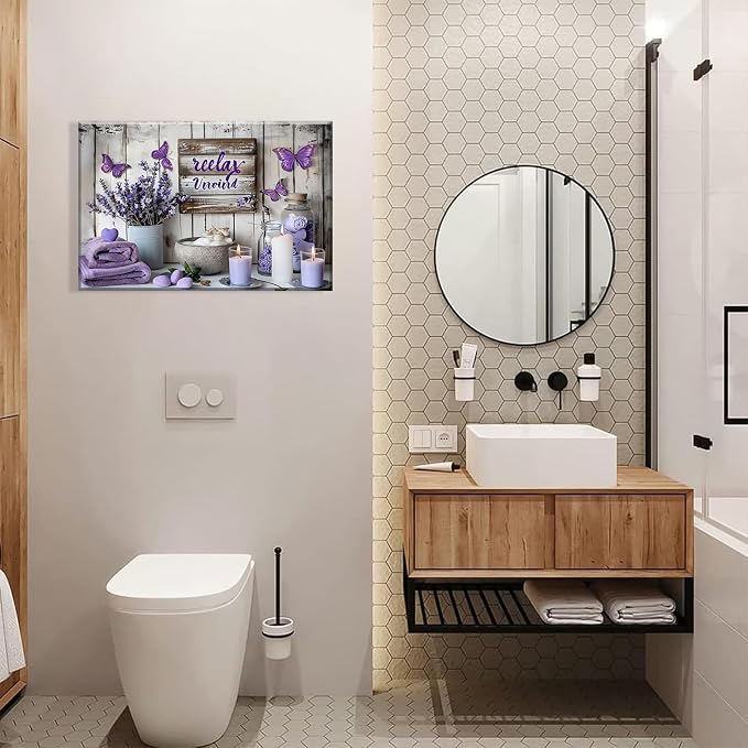 Purple Bathroom Canvas Wall Decor Relax Soak Canvas Wall Art Butterfly Floral Print Poster Artwrok Unwind Bathroom Washroom Painting Pictures 12x16 In