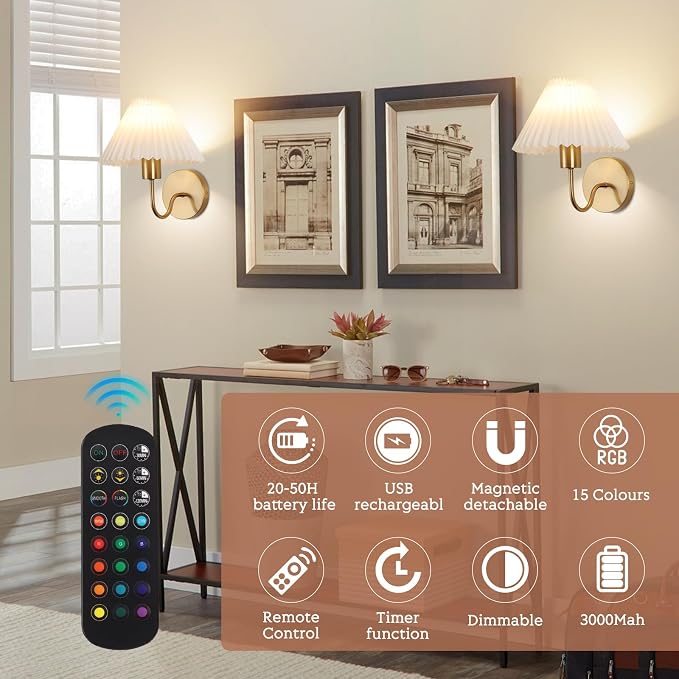 Wireless Wall Sconce Sets of 2, Pleated Shades Rechargeable Battery Operated Wall Sconce, Retro gooseneck Gold Wall Lights Bathroom Vanity Sconces, Wall Mounted Lamps for Bedroom Living Room Kitchen