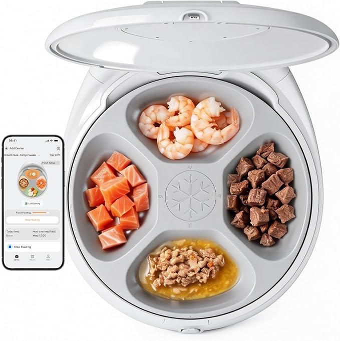 Automatic Wet Food Cat Feeder, 24H Food Freshness Smart Dual‑Temp Refrigerated Cat Feeder with Semiconductor Cooling & Pre‑Heating, App‑Controlled, Easy to Clean, 4‑Day Feeding Schedule