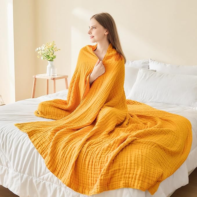 EMME Muslin Blankets for Adults Throw Blanket for Couch Breathable Gauze Soft Lightweight Airy Mustard Yellow King 108" x 90"