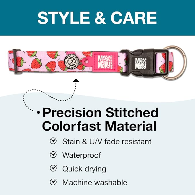 Max & Molly Urban Pets Fashion Smart ID Dog Collar, Anti-Fade, Adjustable Sizing w/Pet Profile Smart ID QR-Tag, Waterproof & Machine Washable, Strawberries, Large (Neck Size 15-25")