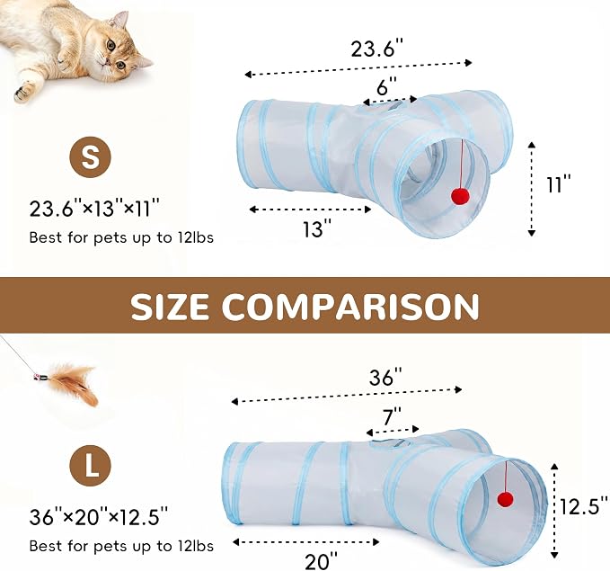 Tempcore Cat Tunnel, 3-Way Collapsible Toy, Large Size Light Grey & Blue