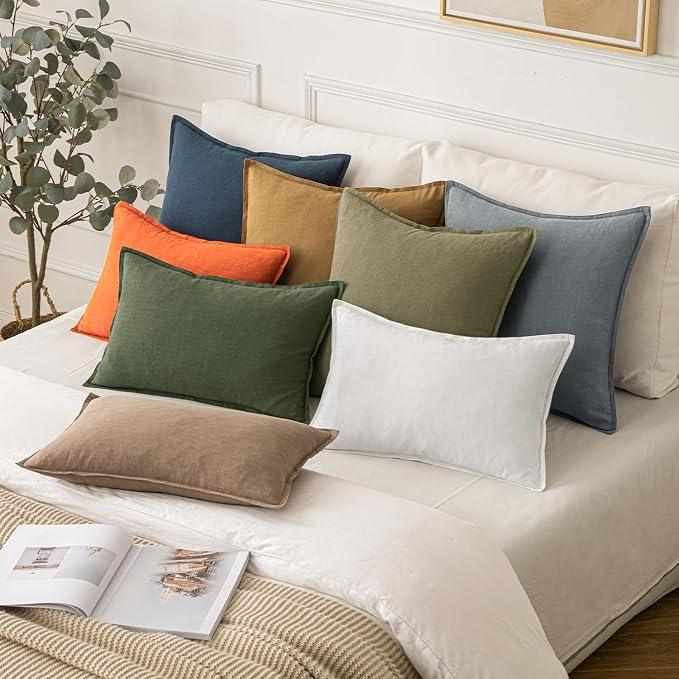 MIULEE Decorative Linen Lumbar Pillow Covers 12x20 Inch Dark Olive Green | Boho Farmhouse Neutral Couch Throw Pillows for Bed, Pack of 2 Accent Modern Pillowcases, Sofa Livingroom Home Decor