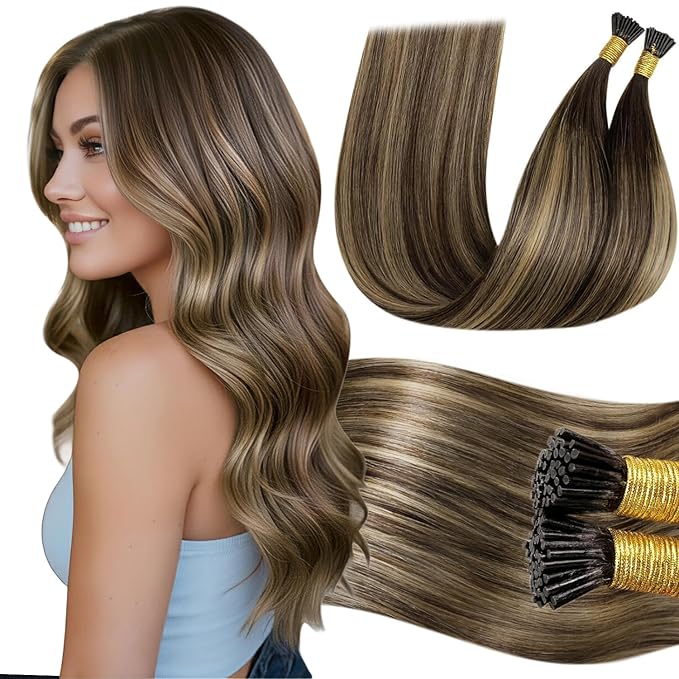 LaaVoo Hair Extension Real Human Hair 20inch I Tip, Balayage Dark Brown to Caramel Brown, 50g 50s