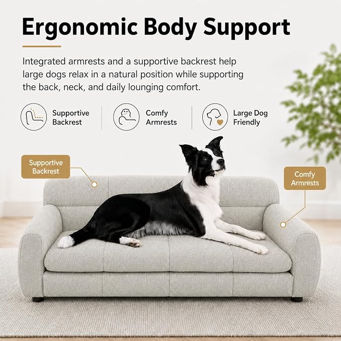 51"×28" Large Dog Sofa, for Large & Extra Large Dogs | Detachable Cushion | Reinforced Low Base|Non-Sagging |Breathable Linen Fabric | Soft Cushion | Armrest & Backrest |Beige