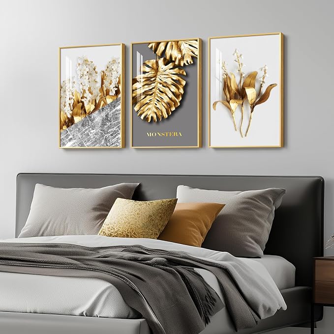 Framed Modern Luxury Gold Wall Art, Set of 3 Piece Contemporary Paintings Artwork for Walls, Golden Leaf Prints with Gold Frame, Pictures for Living Room, Hallway, Bedroom, Office Wall Decor 16x24 Inch