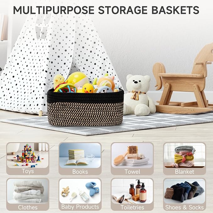 3 Pack Small Storage Baskets for Organizing, 11.8×7.8×5.1", Black Brown | Woven Baskets for shelves, Cotton Rope Basket for Gifts Empty, Closet Organizer Bins with Handles, Cube Decorative Box