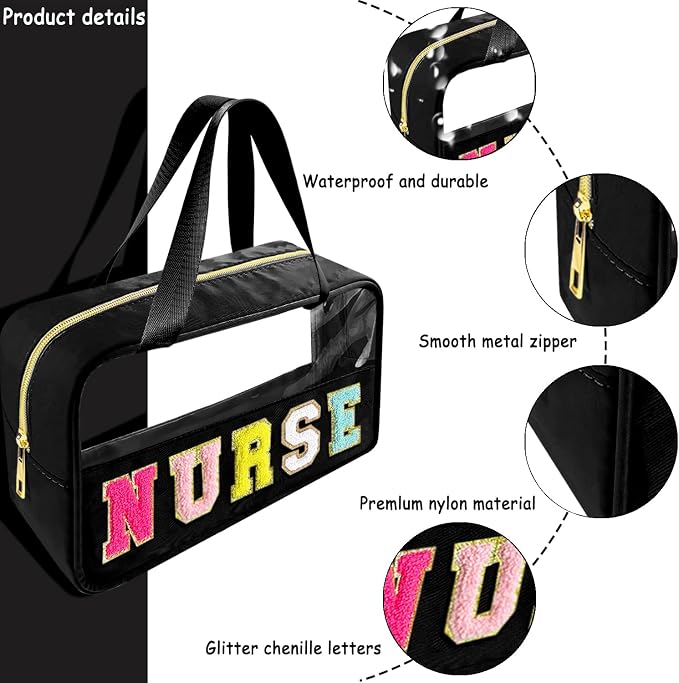 Bunliuys Chenille Letter Clear Makeup Bag with Nurse Patch, Travel Toiletry Makeup Bag with Handle, Nylon Waterproof Cosmetic Bag, Preppy Patch Makeup Bag for Women (NURSE-Black)