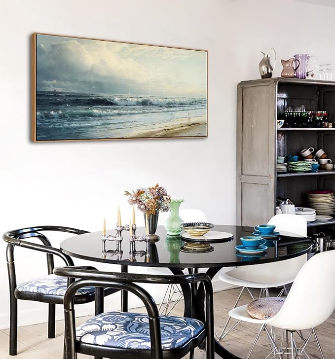 DJSYLIFE Vintage Rockaway Beach Seascape Canvas Wall Art, Framed 20x40 Inch | Large Coastal Decor, Ocean Waves Painting Prints, Ready to Hang for Living Room & Bedroom, Long Pictures for Above of Bed