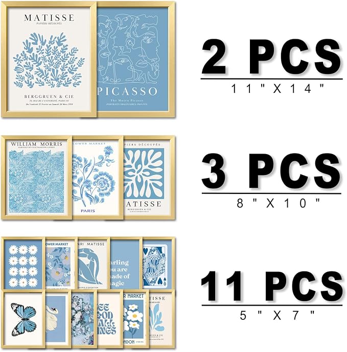 16 PCS Framed Blue Wall Art Decor, Matisse Wall Prints for Bedroom, Gallery Wall Frame Set, Minimalist Posters for Living Room Aesthetic, Collage Kit, Teen Girls Dorm Home Artwork