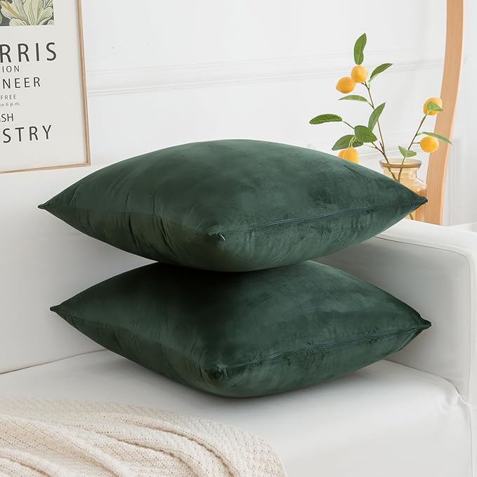 Velvet Decorative Throw Pillow Covers, Soft Square Cushion Case Home Decor for Living Room Couch Bed Sofa, Set of 2 Pack, Dark Green, 16x16 Inch