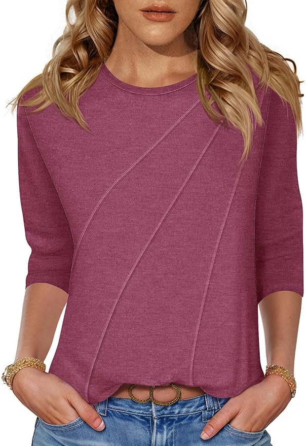 LOMON 3/4 Length Sleeve Womens Tops Spring Summer Fashion 2026 Tops Crew Neck Pleated Shirts Tunic Top Loose Fit