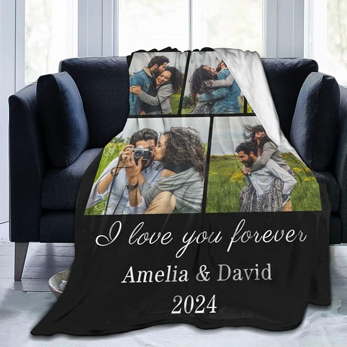 Custom Blanket with Picture Text, Personalized 5 Photo Blanket, HD Printing Customized Flannel Throw Blanket Gifts for Mom Dad Couple Girlfriend Boyfriend Wife Husband Christmas