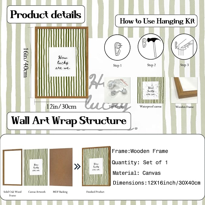 Framed How Lucky Are We Wall Art, Green Striped Pictures Wall Decor, Trendy Inspirational Quote Paintings Canvas Prints Preppy Home Decor for Living Room Bedroom Office Dorm 12x16 inch