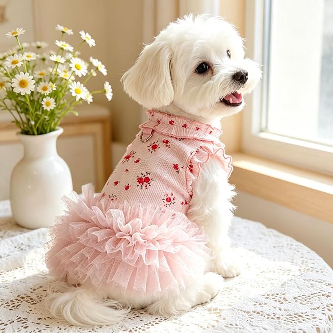 Dog Dresses for Small Dogs Girl,Floral Dog Tutu Dress,Pet Clothes for Puppy Small Cats Cute Dog Princess Skirt for Female Pet Birthday Party Outfit（Pink,Medium）