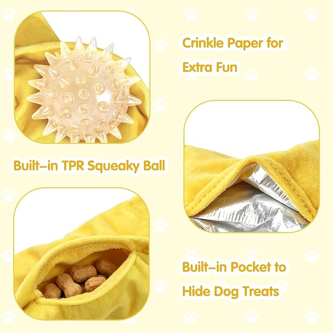 Andiker Squeaky Dog Toy, Cute Candy Shape Lemon Cherry Pattern Dog Chew Toy with Squeaky Spiky Ball and Crinkle Paper, Interactive Plush Dog Toy for Dogs Indoor Teething and Anxiety Relief (Yellow)