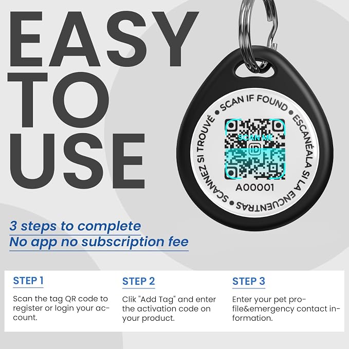 QR Code Dog Tags Personalized for Pets, Real-time Alerts, Black