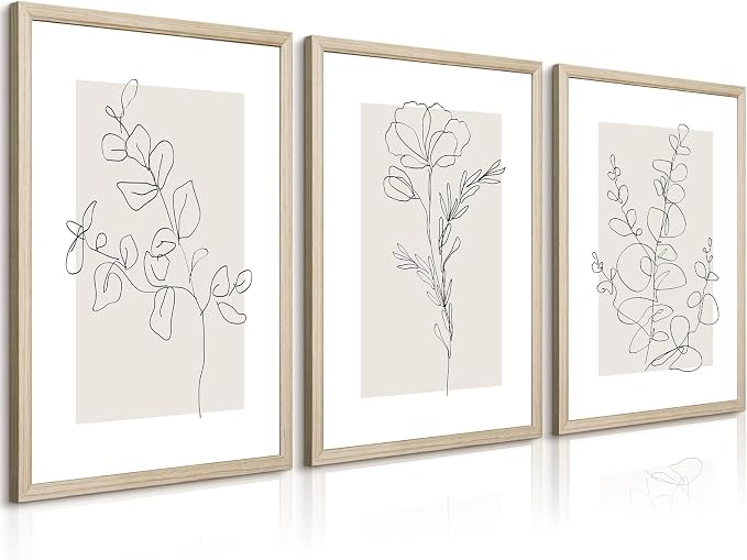 Neutral Botanical Prints Wall Art Flower Minimalist Canvas Wall Decor Vintage Line Wall Art Floral Plant Painting Pictures Beige Boho Artwork Farmhouse Poster for Bedroom 24x36x3 Inch Wood Framed