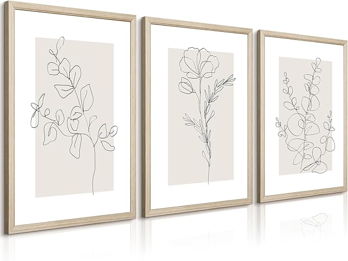 Neutral Botanical Prints Wall Art Flower Minimalist Canvas Wall Decor Vintage Line Wall Art Floral Plant Painting Pictures Beige Boho Artwork Farmhouse Poster for Bedroom 12x16x3 Inch Wood Framed