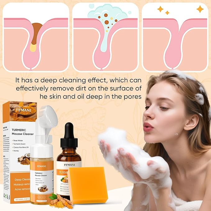 Turmeric Face Wash Set, Turmeric Facial Cleanser& Soap Bar & Oil for Face & Body Suit to All Skin Type, Protect Sensitive Skin Remove Spots Tone-evening