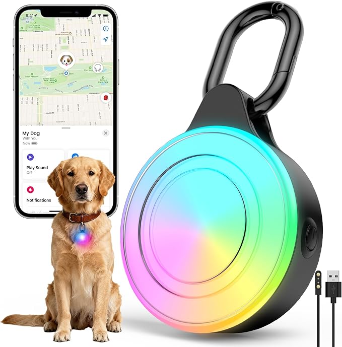 2-in-1 GPS Tracker & Dog Light - Works with Apple Find My - No Subscription | Smart Tracking Pet LED Light for iOS Only - Rechargeable IP68 - Waterproof Dog Collar Light with 6 Modes for Night Walking