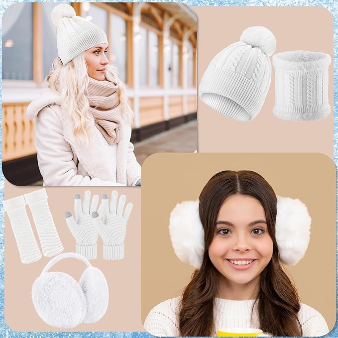 SATINIOR 5 Pcs Winter Hat Scarf Gloves Set Fleece Lined Knit Beanie Hat Warm Touch Screen Gloves Earmuff Warmer for Women(White,Beauty Style)