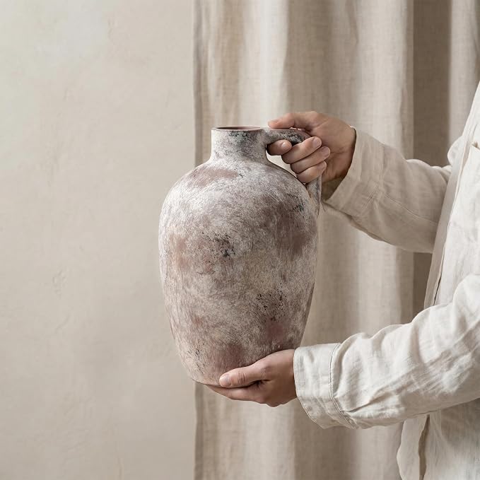 Ceramic Flower Vase with Handles,10" Neutral Tall Clay Terracotta Vases Farmhouse Table Vases with Handle Living Room Decor Rustic Pottery Pots for Home Shelf Coffee Dining Desk Fireplace