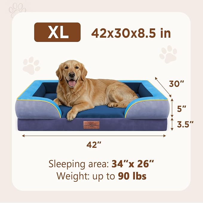 Comfort Expression Orthopedic Dog Bed for Extra Large Dogs with Bolster | Waterproof Dog Couch Bed with Washable Cover & Non-Slip Bottom, Supportive Egg Crate Foam XL Pet Bed, 42x30 Inch