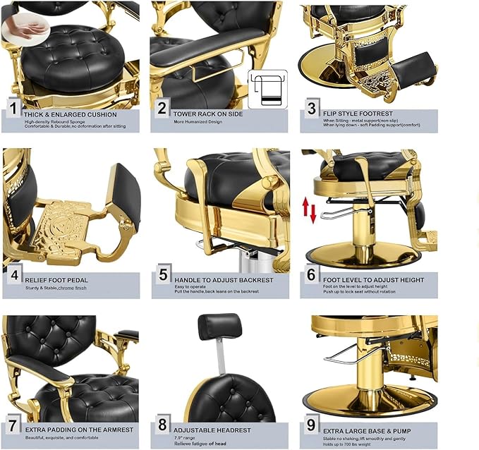 Kaleurrier Hair Styling Chair Reclining: Men’s Barber Chairs for Barber Station - Heavy Duty Salon Chair with Footrest for Hair Stylist Wide Seat Gold and Black