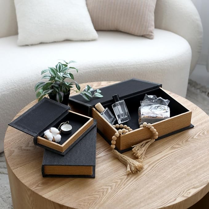Decorative Book Boxes Set of 3,Modern Faux Linen Hidden Storage, Black | Linen & Wood Hidden Storage,For Coffee Table – Stackable Fake Books for Shelf Decor, Remote Control & Jewelry Organizer