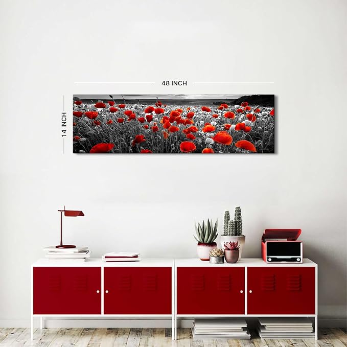 Nature Poppy Wall Art Red and Black Wall Decor Wildflower Field Landscape Picture Canvas Prints Sunrise Poppies Floral Painting Botanical Poster Artwork Living Room Bedroom Home Decorations 14x48”