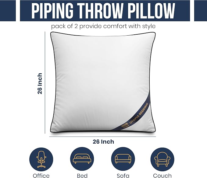 Utopia Bedding 26x26 Throw Pillow Inserts, Decorative Pillows, Pack of 2 | Piping Throw Pillows, Plush & Supportive, Aesthetic Cushion Sham Stuffer for Sofa, Office, Couch & Bed, Set of 2, White