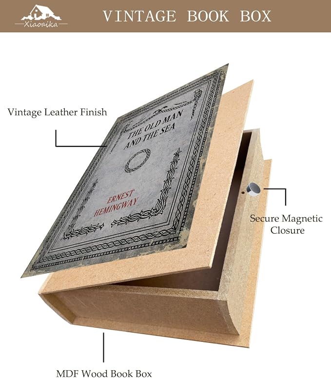 Vintage Faux Leather Decorative Book Box Set of 3 – Wooden Secret Storage Box with Magnetic Closure, Hidden Organizer for Bookshelf, Desk, or Office Decor (The Old Man and The Sea)
