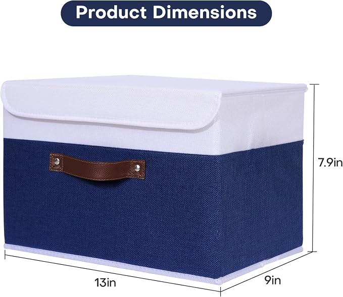 ANMINY Fabric Storage Box Bins with Lids, Blue White, 13"x9"x7.9", 2 Pack | Keepsake Memory Storage, Cotton Linen, PP Board Reinforced, Washable, PU Handles, Foldable & Stackable, Decorative, Medium